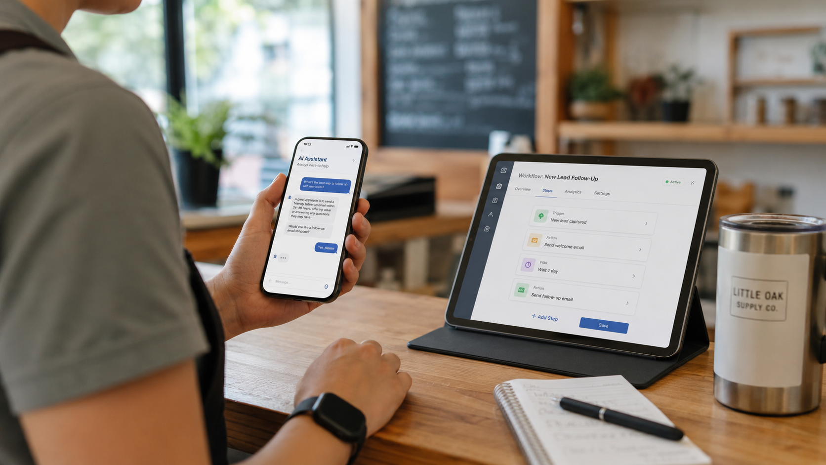 Small business owner using AI chatbot and automation tools